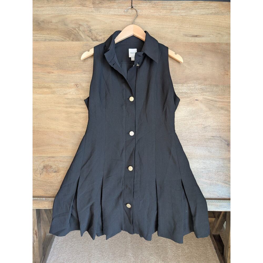 Maeve By Anthropologie Mini Dress Womens Small Black Pleated Hem Gold Button NWT